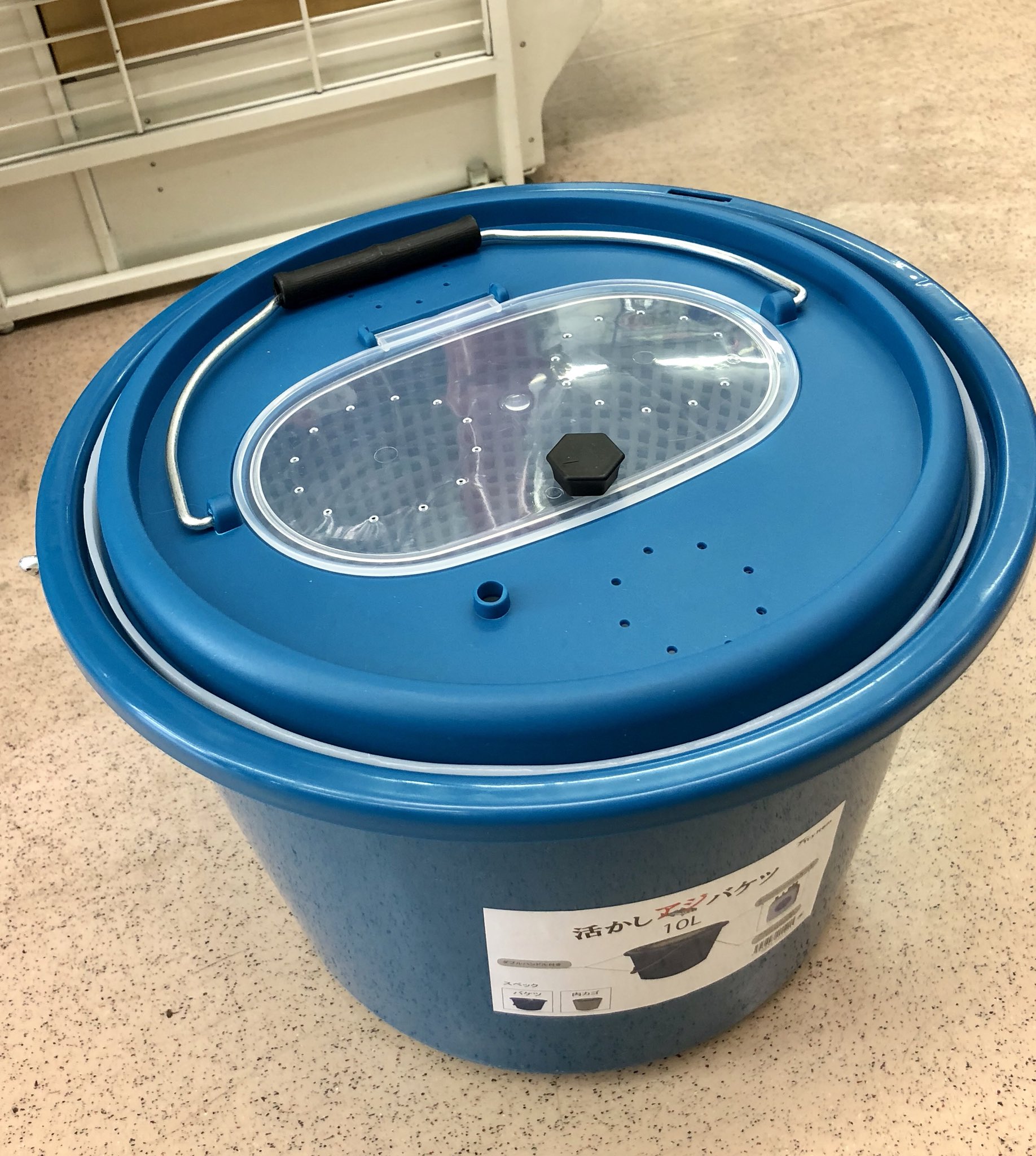 ウエダ釣具店 稚内 バケツにカゴ 蓋に窓 活かしアジバケツ ございます 蓋は全部外れるので 釣り以外にも活用できそうでございます 釣具店 活かしアジバケツ カゴ付きバケツ