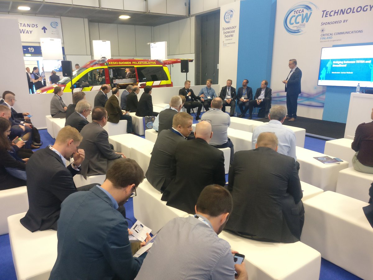 secapp_fi's tweet photo. "Bridging between TETRA and broadband" panel together with @GoodmillSystems @secapp_fi @nokia @Airbus_SLC Cloudstreet and @erillisverkot https://t.co/yL10kYwN6o