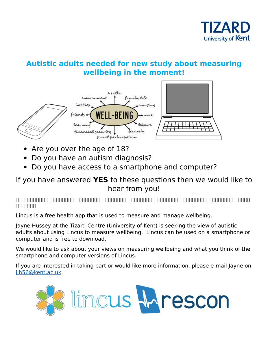 Linc_us's tweet photo. The @TizardCentre @UniKent are recruiting adults with autism for a study about measuring wellbeing using @Linc_us - please support, get involved, and share!

@HEFtweet @ldnursedave @Hftonline @HPFT_NHS @resconatron @ndowning1977 @Ejay60 @OrchaUK @GwenMoulster https://t.co/bLRqxw9Kxn