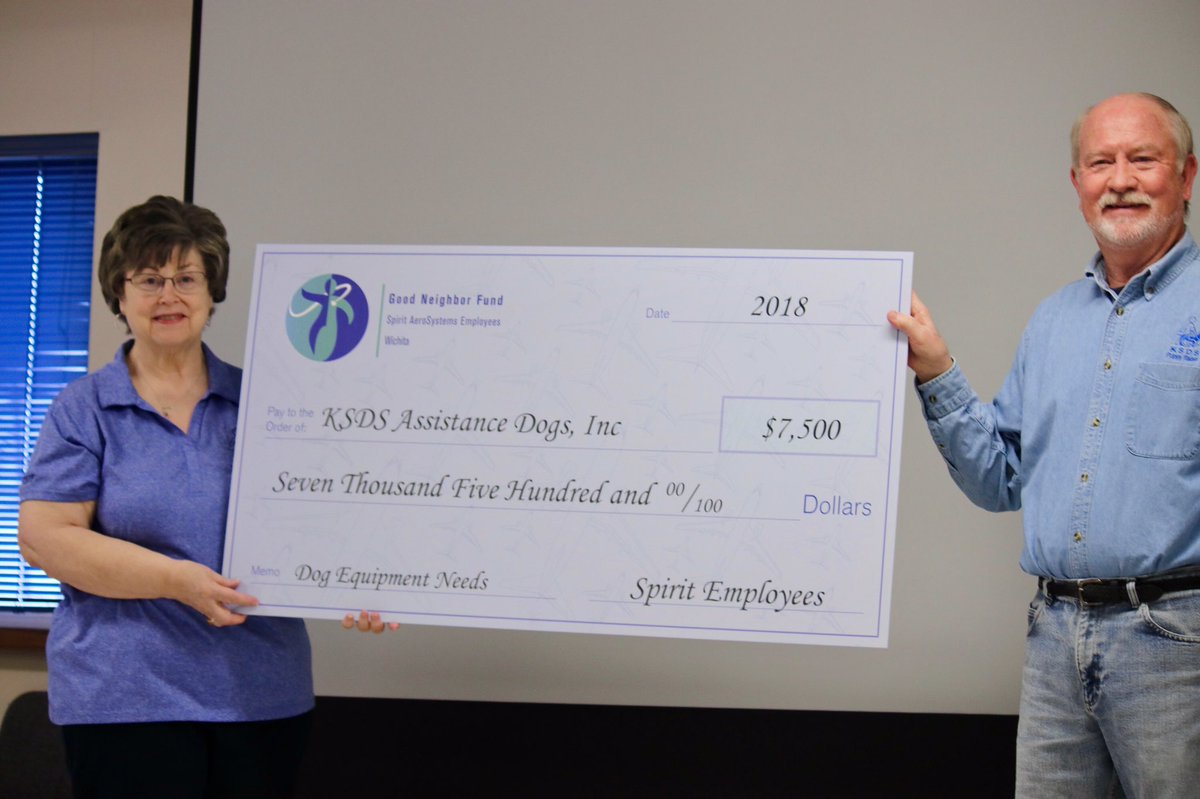 The Good Neighbor Fund was able to present a check in the amount of $7500 to KSDS Assistance Dogs, Inc. KSDS sends many thanks to our Spirit employees who made this possible! #givinghearts