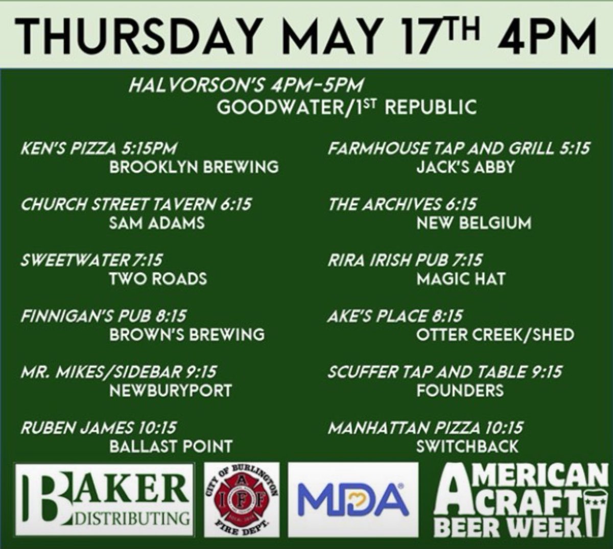 Celebrating American Craft Beer Week with <a href="/baker_dist_vt/">Baker Distributing</a> Baker’s Dozen Pub Crawl. Find us <a href="/sweetwatersVT/">SweetwatersVT</a> 7:15pm with three beers on tap. <a href="/2roadsryan/">Ryan Crowley</a> @2roadsdan <a href="/2RoadsBrewing/">Two Roads Brewing</a>
