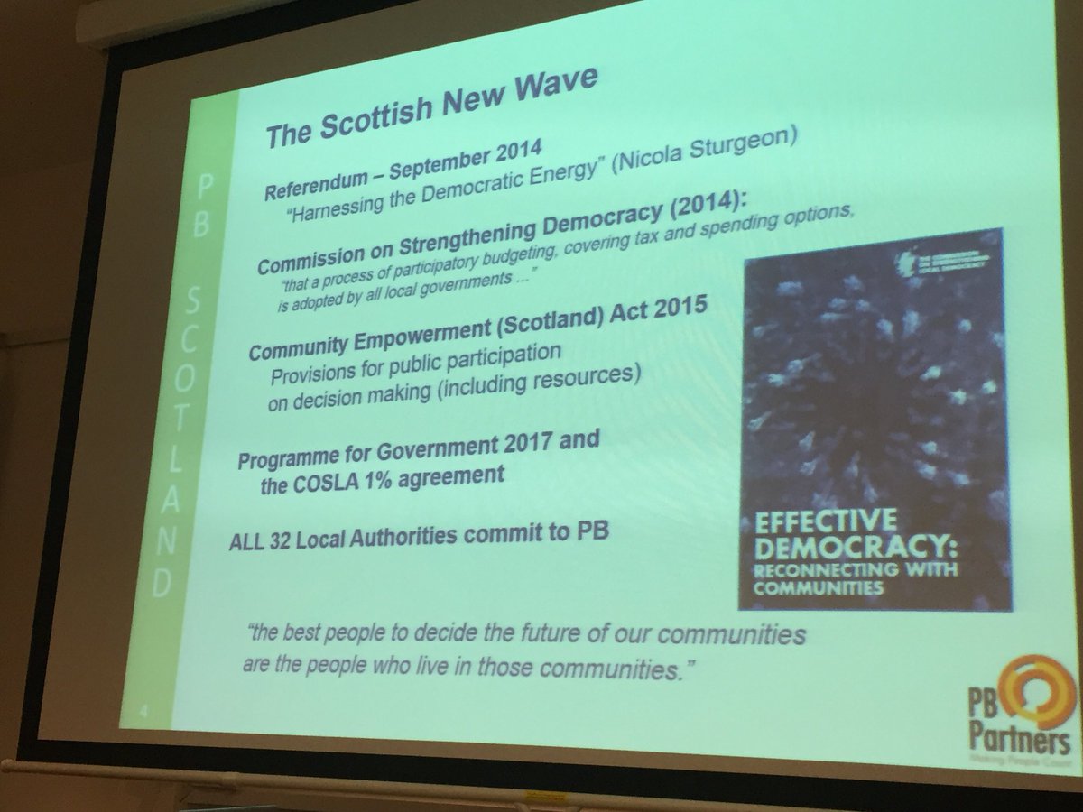 joshalerner's tweet image. In Scotland 1% of all national funds for local governments must be allocated via #ParticipatoryBudgeting by 2020, and national government provides 2M£ to support this work. #ImprovingDemocracy2018