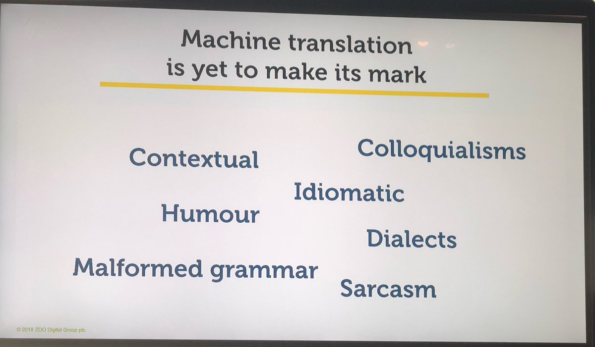 Nimdzi_Insights's tweet image. Can MT translate sarcasm and bad English? @zoodigitalgroup #SlatorConLondon18 #slator