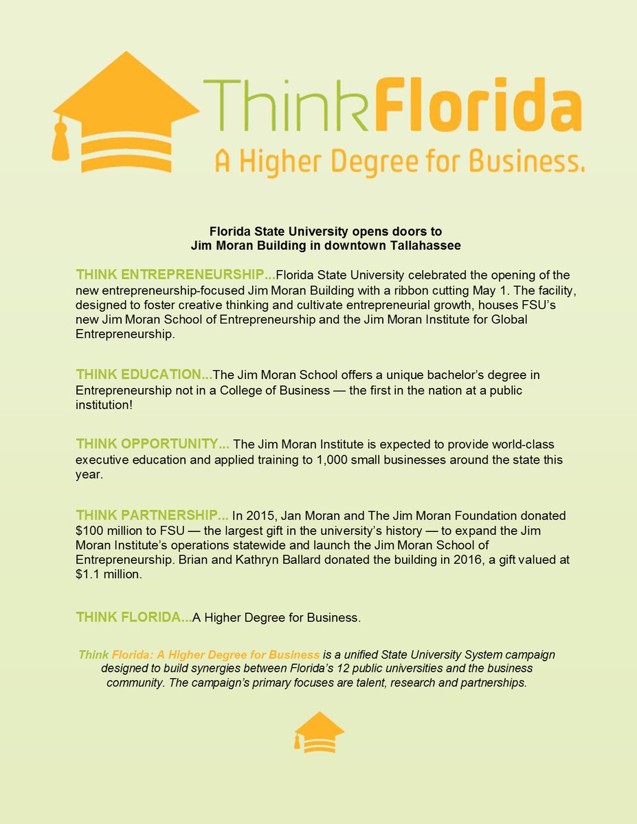 SUS_Florida's tweet photo. #ThinkFlorida #ThinkFloridaThursday @floridastate opens doors to Jim Moran Building in downtown Tallahassee https://t.co/YGyQChUj6F