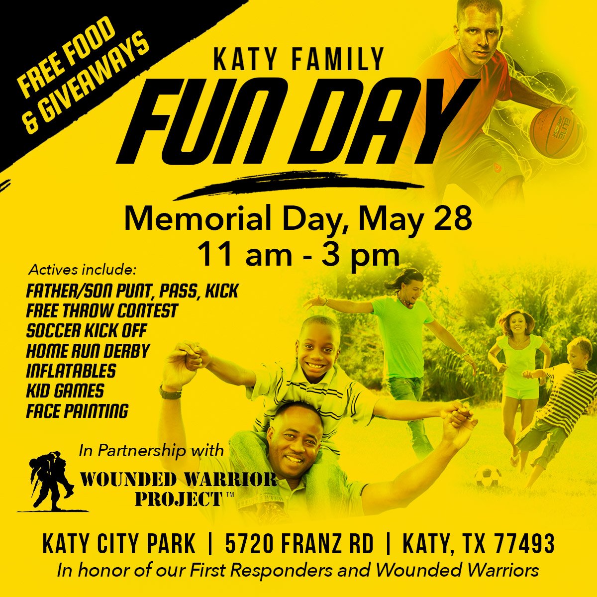 PHCkaty's tweet image. Spend your Memorial Day outside with friends, family and the Katy community! Join us for fun activities for the whole family on May 28 at Katy City Park at 11 AM.