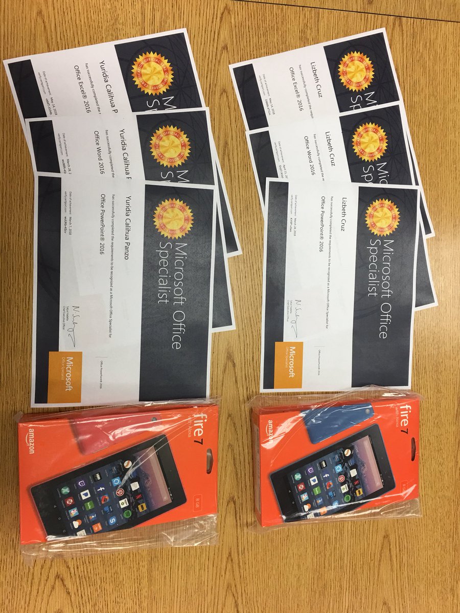 BizTech_Teacher's tweet photo. Congratulations to the first students to pass MicroSoft Office Associate certification- Yuridia Calihua Panzo, and Lizbeth Cruz...
Also winners of the first certification prizes, a Fire 7 tablet! @IMS_Indians https://t.co/CzClJDJKjD