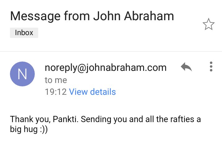panktikapadia1's tweet photo. @TheJohnAbraham Love you too John ❤❤❤ Made my day 😘 
#Raftie #Love ❤ https://t.co/FYAW5W99oc