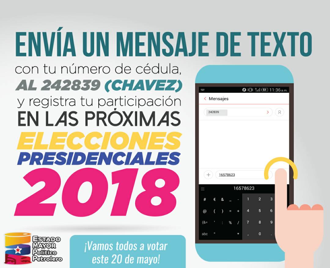 Gob_Guarico's tweet photo. #SibciTips📢 || El próximo 20 de Mayo Luego de ejercer tu derecho constitucional del voto, envía un mensaje de texto al 242839 (chavez) con tu número de cédula sin espacios ni puntos.
Defendamos los logros de la Revolución ¡TU VOTO ES IMPORTANTE! https://t.co/YPqXekSCpQ