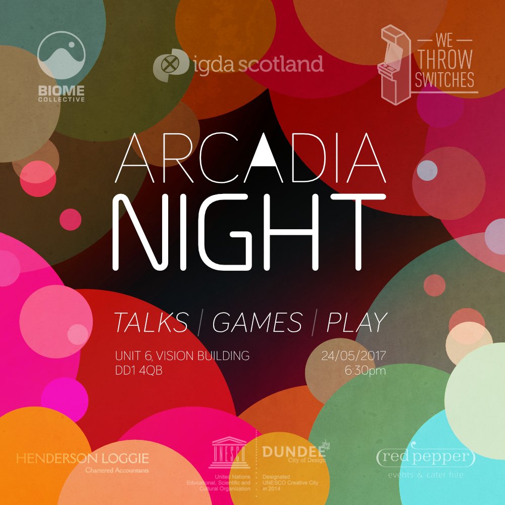 biomecollective's tweet photo. 💙 Hello friends! 💜@arcadia_fest is back! Come join us at ARCADIA NIGHT as part of #DundeeDesignFest Talks, Games &amp; Play 💖 + nibbles 🥗 Thurs 24 May @ 18:30 Vision. Free tickets here: https://t.co/YfRgP0zA37 https://t.co/2FHDEhh3rg