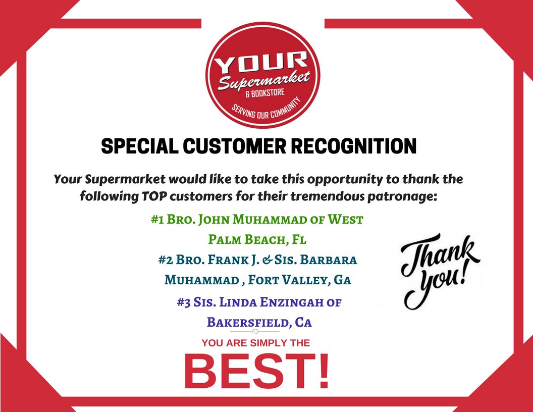 <a href="/SupermarketATL/">YourSupermarket</a> is appreciative of every single one of our valued customers! However, we would like to take this opportunity to highlight our TOP three customers! These customers have shown a great commitment in spirit &amp; action to see that <a href="/SupermarketATL/">YourSupermarket</a> succeeds! #BlackBusiness