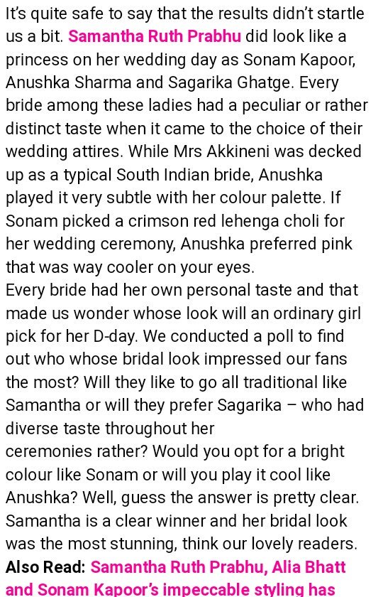 nehasamantha28's tweet photo. Fans choose @Samanthaprabhu2 s bridal look over Anushka n Sonam Kapoor #AwSAM ❤ ❤ ❤ https://t.co/gKQzB9zL9x