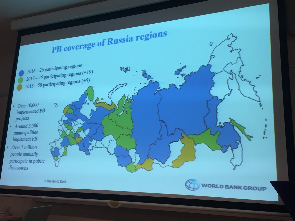 joshalerner's tweet image. Participatory democracy is going big in Russia! Over 1 million people in 3,500 cities engage in #ParticipatoryBudgeting each year, with support of national ministry of finance &amp;amp; @WorldBank. #ImprovingDemocracy2018