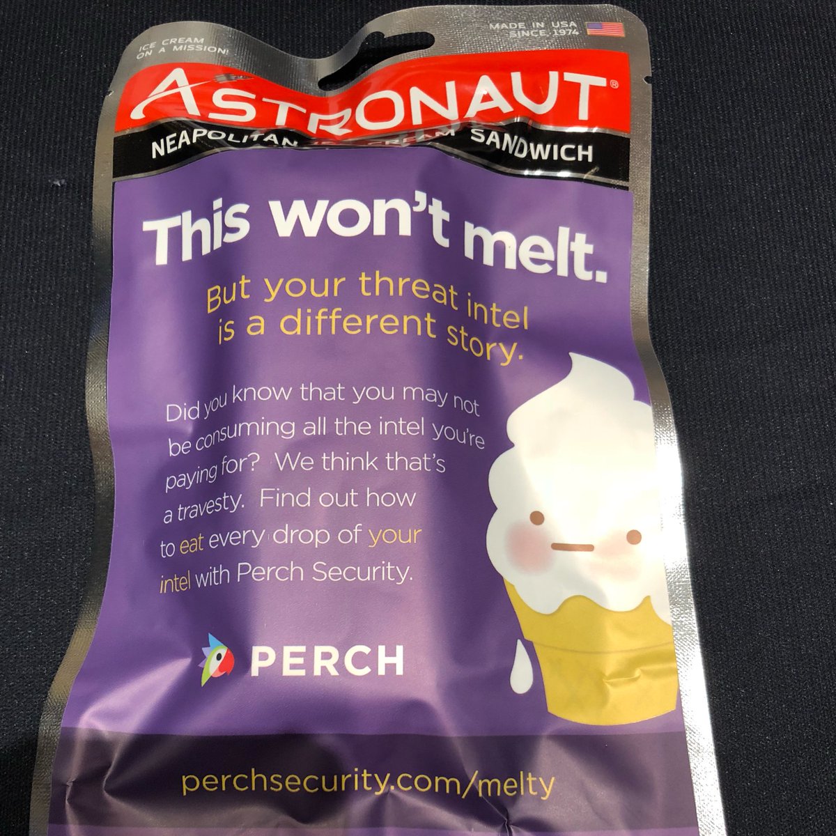 InfoSecSherpa's tweet photo. @mkr_ultra Look! I have astronaut ice cream. @PerchSecurity @NHISAC #NHISACSpring18 https://t.co/ZyAYucky54