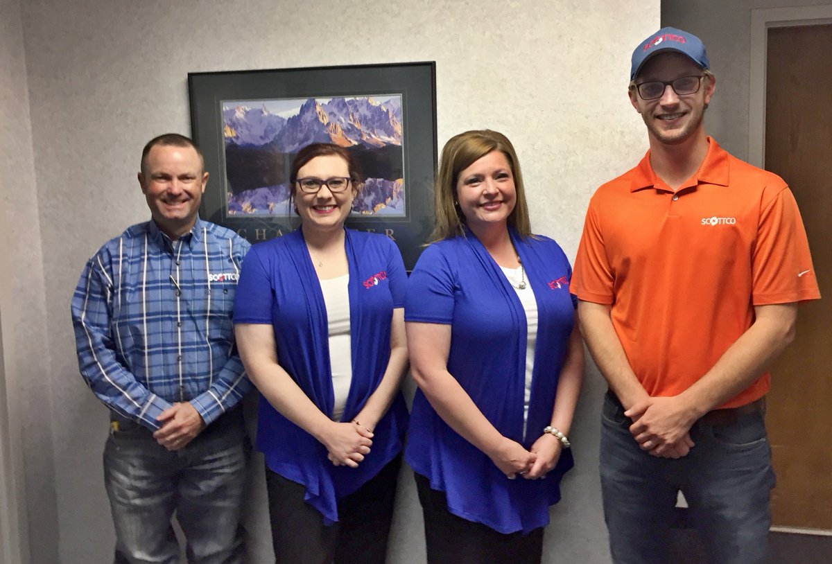 ScottcoService's tweet image. Business Connection Team -  Left to right our team is - Trent Jacobson Business Development,  Stephanie Carr from Human Resources, Lisa White our Administrative  Manager, and Dalton Randall our Sales Representative. Drop by and say hi, we would love to visit with you!