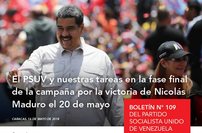 PartidoPSUV's tweet photo. ¡El PSUV y nuestras tareas en la fase final de la campaña! Descarga, lee y comparte nuestro #BoletínInformativoNº109 --> https://t.co/bsuO0gGlUE  @NicolasMaduro @EduardoPinateS #VenezuelaVotaPorMaduro #VenezuelaVotaEl20M https://t.co/yXRQU1KO5i