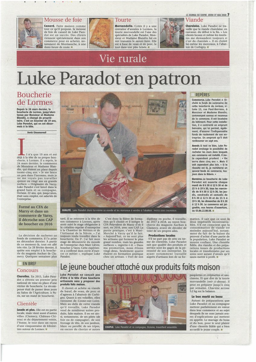 Un bel article sur notre nouveau boucher à Lormes. <a href="/fabienbazin/">fabien bazin</a> <a href="/Anne_ALGRET/">anne algret-georges</a> <a href="/lormes_active/">La commune de Lormes s'active</a>