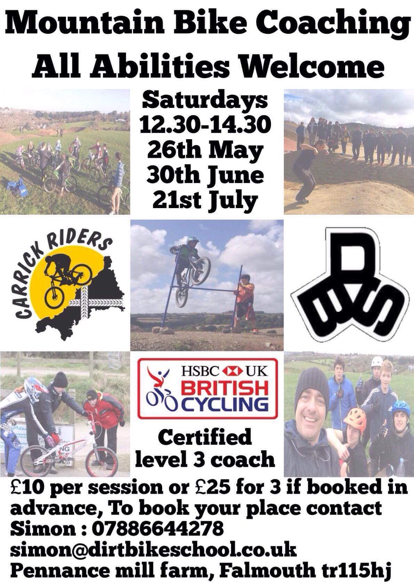 Mountain Bike Coaching, all abilities welcome! Saturdays 12.30-14.30
26th may
30th June 
21st july 
Contact <a href="/DirtBikeSchool/">Dirt Bike School</a> for more details or to book, £10 per session or £25 for all 3 if booked in advanced. .