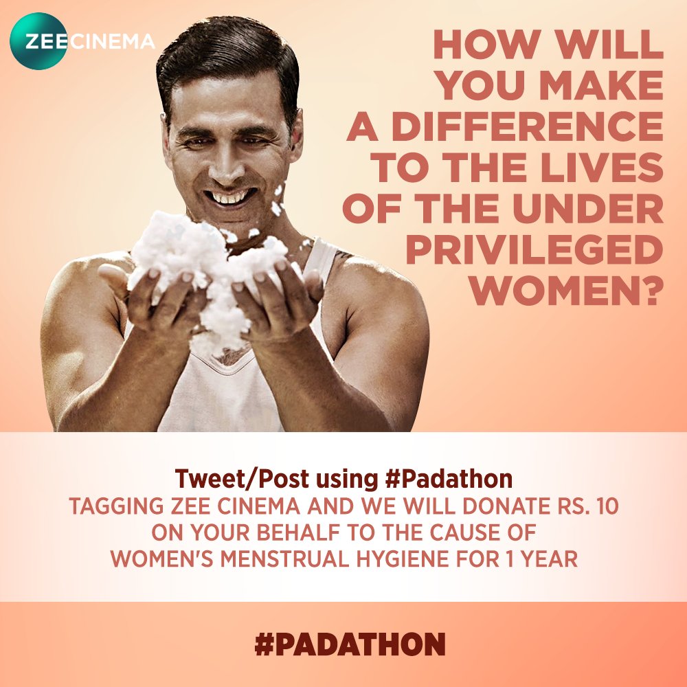 zeecinema's tweet photo. Only you can help to gift a privilege to the underprivileged!  Post/tweet using #Padathon tagging us @zeecinema and we will donate Rs.10 to the cause of women's menstrual hygiene for 1 year. POST NOW! 
@akshaykumar @sonamakapoor @mrsfunnybones @radhika_apte @PadManTheFilm https://t.co/7sz89n4aqn