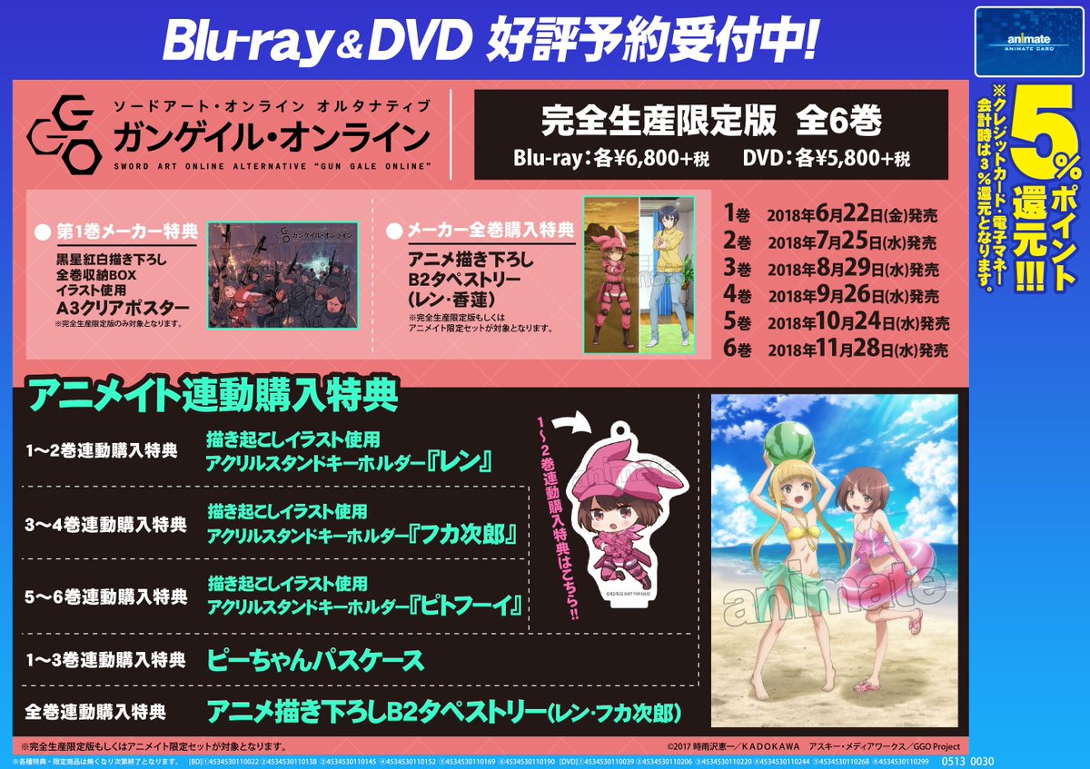 電話予約受付中 アニメイト秋葉原本館 Ar Twitter 予約情報 ソードアート オンライン オルタナティブ ガンゲイル オンライン Blu Ray Dvd予約受付中 アニメイト特典 はアクリルキーホルダー 1 2 3 4 5 6巻連動特典 パスケース 1 3連動購入