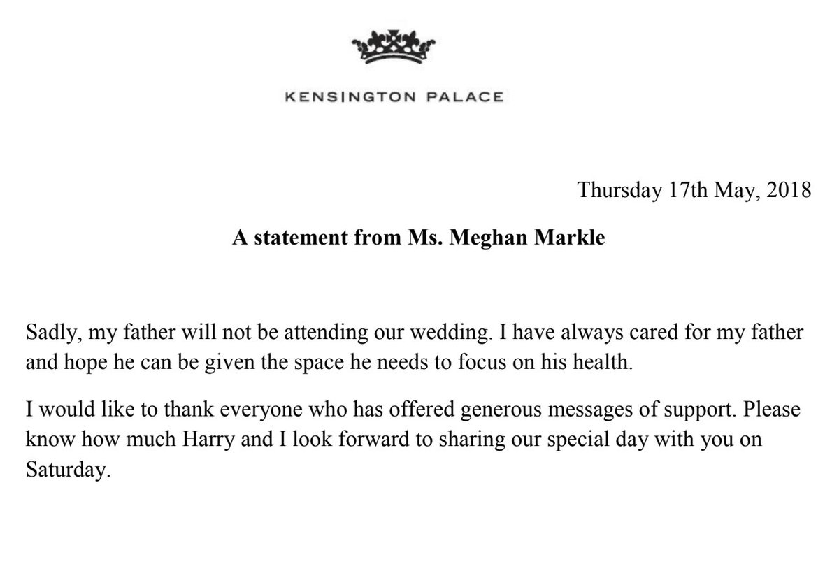 #RoyalWedding controversy,Meghan Markle releases statement confirming father's absence from the wedding..