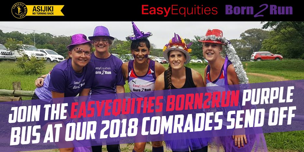 Join our <a href="/EasyEquities/">EasyEquities</a> <a href="/Born2RunJHB/">Born 2 Run A.C.</a> club for our 2018 <a href="/ComradesRace/">ComradesRace</a> send off. It is a 10km run/walk on Sun 20th May at Old Parktonian Sports Club. Come dressed in purple, meet at our gazebo and run together as a bus at the back. For more info on the race: bit.ly/2IouoDr