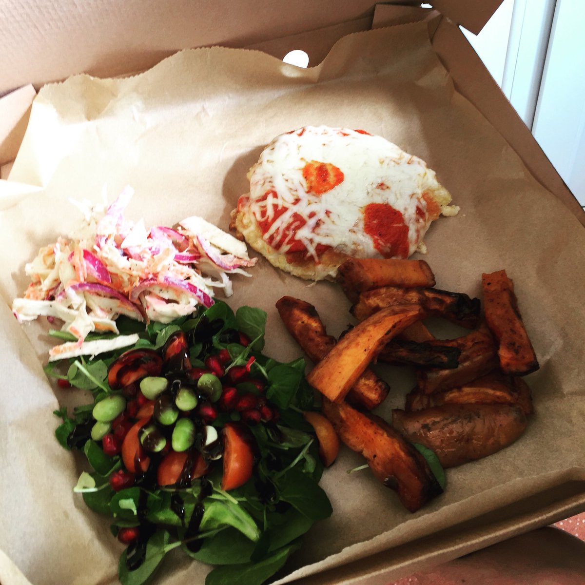 Clean chicken parmo, served with sweet potatoes, salad and coleslaw to take away. #Cleaneating #MacroCounted #Heatonroad #bearandnaturalkitchen