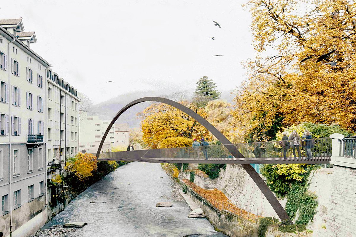 TEC21_Heft's tweet photo. Projektwettbewerb Rad- und Fussgängerbrücke #Welschdörfli, Chur: #Bänziger Partner und #RitterSchumacher gewinnen den Wettbewerb für Brücke über die #Plessur: Die verflochtenen Elemente von Bogen und Steg entfalten sich im städtischen Korsett. https://t.co/iapY9oiYZH https://t.co/OIgy4KRhrr