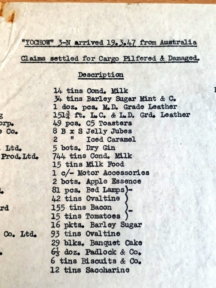 SOAS_SpecColl's tweet photo. Goods 'pilfered' from the Yochow in 1947 - gin, condensed milk and tinned meat 😋 #SOASArchives #shipping #Swire https://t.co/m7Lt8RIRB8