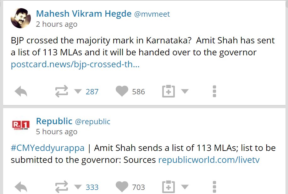 Jairaj P (@jairajp) on Twitter photo 2018-12-13 13:02:52 So two reliable channels, both Postcard News and Republic TV have reported that Amit Shah is submitting List with Support of 113 MLAs in #KarnatakaCMRace for #BJPChor100Crore…😛😝 So two reliable channels, both Postcard News and Republic TV have reported that Amit Shah is submitting List with Support of 113 MLAs in #KarnatakaCMRace for #BJPChor100Crore…😛😝