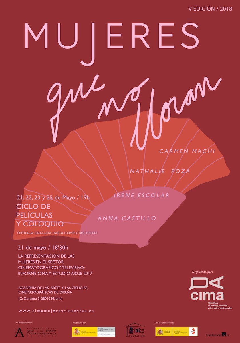 Academia de Cine (@academiadecine) on Twitter photo Ciclo 'Mujeres que no lloran' de <a href="/CIMAcineastas/">CIMA - Asociación de Mujeres Cineastas</a> en la Academia. Del 21 al 25 de mayo, con Anna Castillo, Nathalie Poza, Irene Escolar y Carmen Machi.
academiadecine.com/agenda/index.p… Ciclo 'Mujeres que no lloran' de <a href="/CIMAcineastas/">CIMA - Asociación de Mujeres Cineastas</a> en la Academia. Del 21 al 25 de mayo, con Anna Castillo, Nathalie Poza, Irene Escolar y Carmen Machi.
academiadecine.com/agenda/index.p…