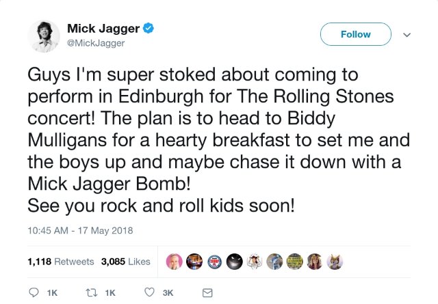 Guys look what we found! Who's gonna come and meet the man himself and have a Mick Jagger bomb??
#wehavemadeit #mickjagger #edinburgh #biddys #breakfast #TheRollingStones