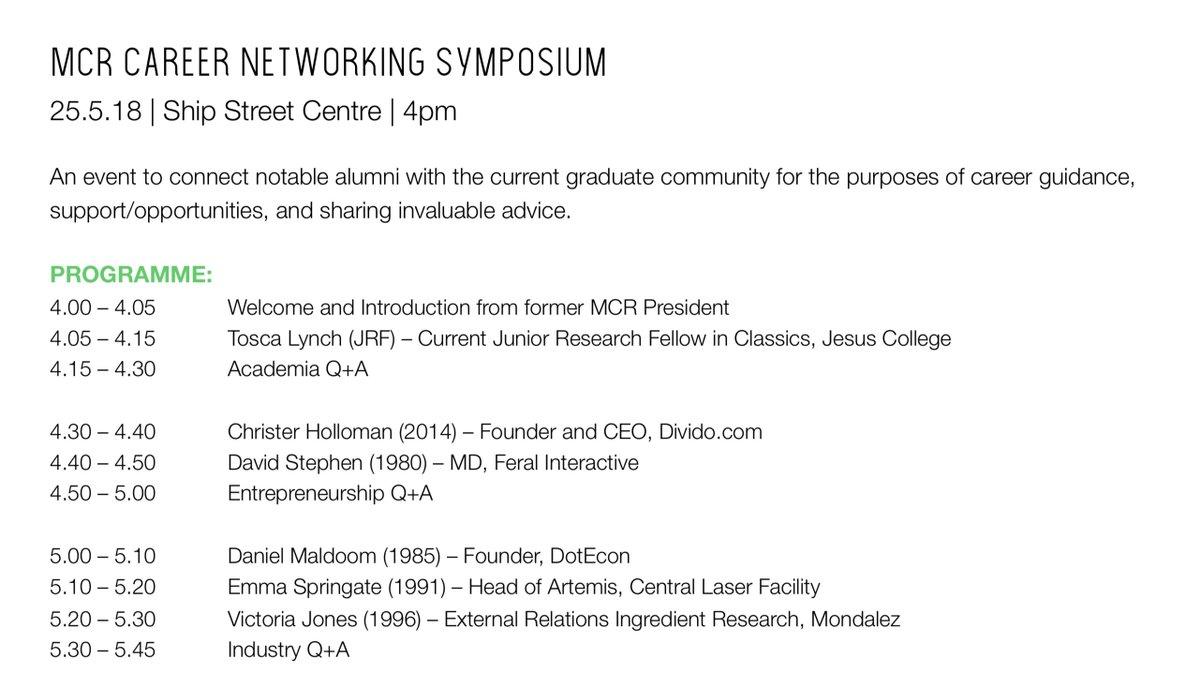 This year's MCR Career Networking Symposium is coming up with an exciting line-up of speakers - Come on down to Ship Street Centre on the 25th May at 4 pm!