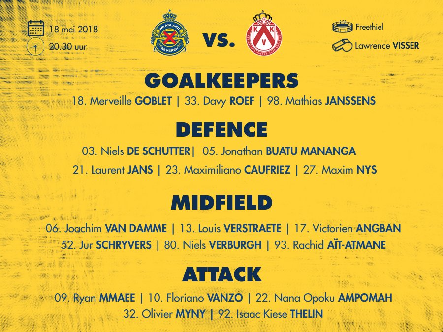SKBeveren's tweet photo. Dirk Geeraerd selecteerde volgende namen voor de slotspeeldag van de Jupiler Pro League 2017-2018. Info + voorbeschouwing: https://t.co/z2k2O7j3m4 #wbekvk #freethielawa https://t.co/SNwVfXVtsO