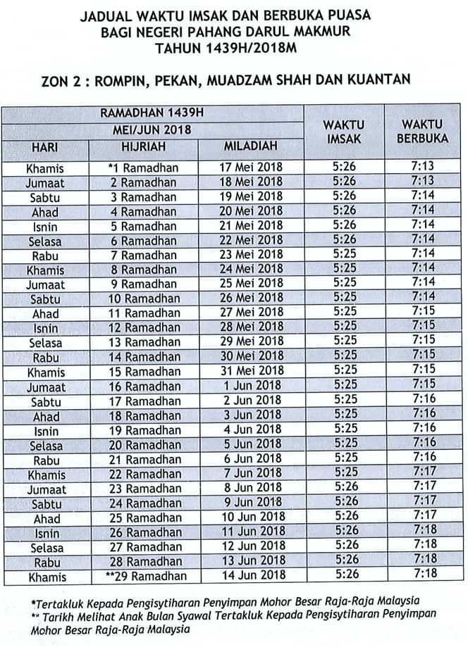 Tarikh Bulan Puasa 2018