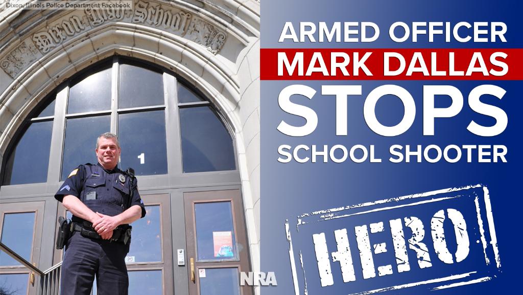 NRA's tweet photo. Thank you, @markmadallas161, for your bravery, selflessness, and commitment!

"Today, we should all be very thankful to school resource officer Mark Dallas for his bravery and quick action to immediately diffuse a dangerous situation at Dixon High School." -Gov. @BruceRauner https://t.co/RoA0B7fZaD
