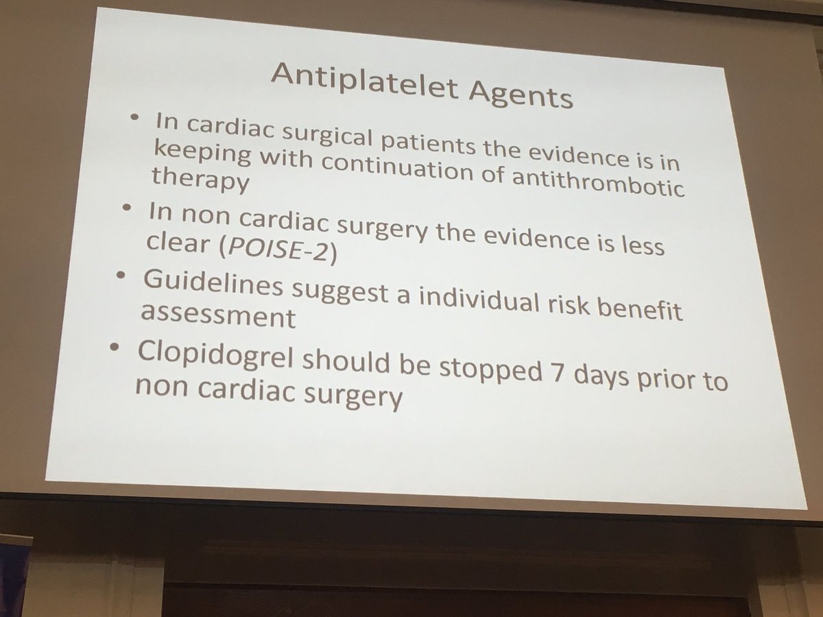 YoungGeris's tweet photo. How to balance thrombotic and bleeding risk in surgical patients? - difficult
Typically stop clopidigrel 7 days before non cardiac surgery.
Anticoagulation varies depends on bleeding risk of op.
@GeriSoc @AgeAnaesthesia #academicgeris #pops #bgsconf #BGSAAA #AAABGS https://t.co/wQ7RqHhhvM