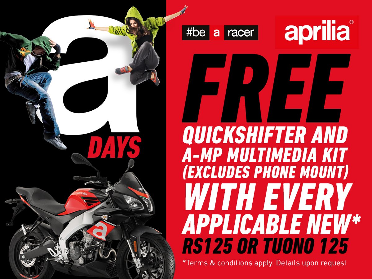More Aprilia Days goodies to giveaway! We’ve got a free Quickshifter and AMP MultiMedia kit with every new RS125 or Tuono 125 registered during April –June! It couldn’t be a better time to buy!

Terms and conditions apply. Call us now on 020 3319 2800 for more details! #aprilia