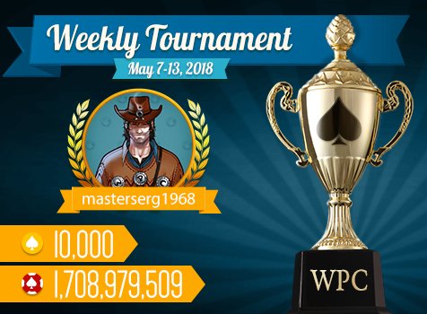 playwpc's tweet photo. ongratulations to the winner of #WorldPokerClub #weeklytournament, from May, 7 to 13! Weekly tournament pot totaled 1,708,979,509 chips!
 Don’t miss your chance to win BIG every week!  🏆 💰 
 Play #poker ➨ https://t.co/ha1XLNNj0Y https://t.co/AZcjXtVLxS