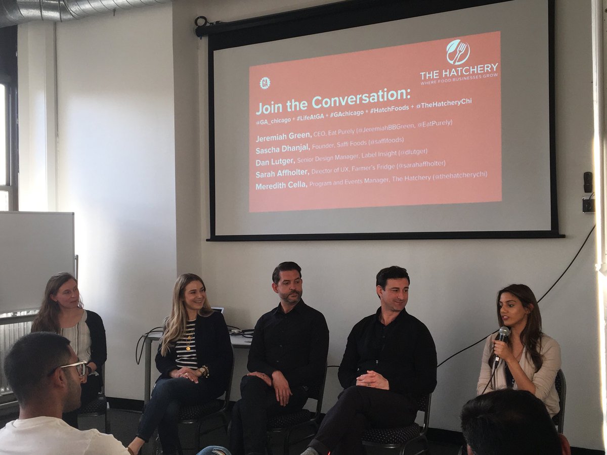 VirginiaALee's tweet photo. User Experience in #FoodTech panel with Meredith Cella of @TheHatcheryChi @sarahaffholter of @FarmersFridge @dlutger of @labelinsight @JeremiahBBGreen of @EatPurely Sascha Dhanjal of @Saffi Foods #Entrepreneur #GAChicago #HatchFoods https://t.co/7h4dGyJbMr