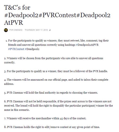 _PVRCinemas's tweet photo. Read the T&amp;Cs for the upcoming #Deadpool2 #PVRContest and stand a chance to win #Deadpool2 movie merchandise! #ContestIndia #ContestAlert #Deadpool2AtPVR https://t.co/9GmgPJT68t