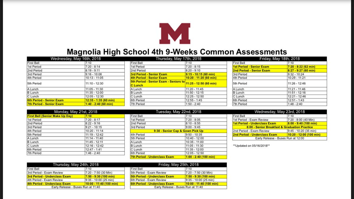 MagnoliaTheatre's tweet photo. UPDATED finals schedule. 20 minutes added to Wednesday, May 23. You got this! https://t.co/V25UKQlCVy