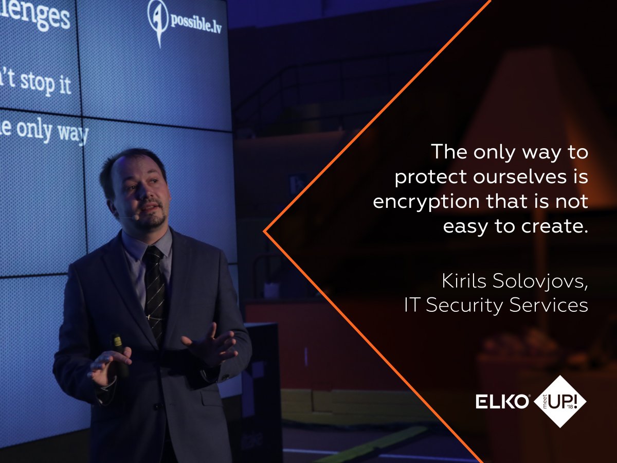 ELKO_Group's tweet image. Kirils Solovjovs emphasize that wi-fi is radio signal and walls won’t stop it. 
Watch our LIVE broadcast from #ELKOmeetUp 2018 on our Facebook page or ELKO website - elkogroup.com/events/meetup