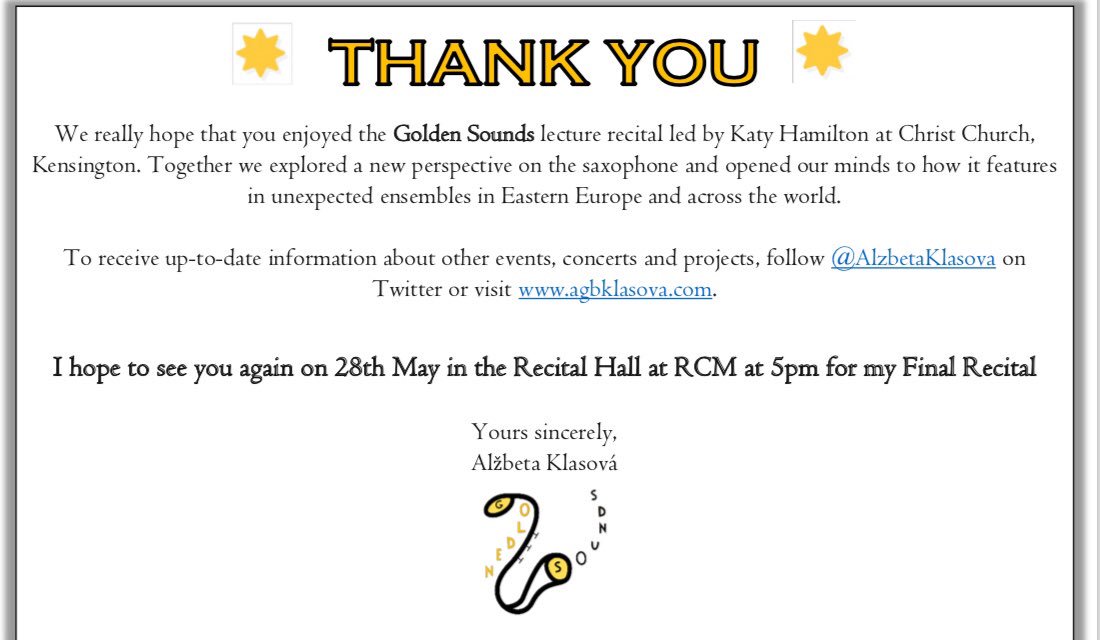 AlzbetaKlasova's tweet photo. Just presented #GoldenSounds project to the panel as part of my course #RCMCreativePM. A huge THANK YOU to everyone involved 😊 Join us on 28th May for the Final recital accompanied by @j_musgrave at 5pm (RCM)🎷@klhamilton @greenwoodbyrne @FindlaySpence @AnnaZiman @RCMLondon https://t.co/tsb7rI909Q