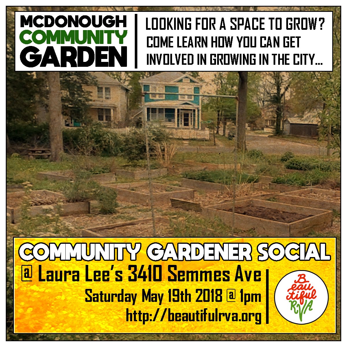 This Saturday! Looking for a space to grow? Come learn how you can get involved in growing in the city with Mcdonough Community Garden and Beautiful RVA facebook.com/events/5824408…
