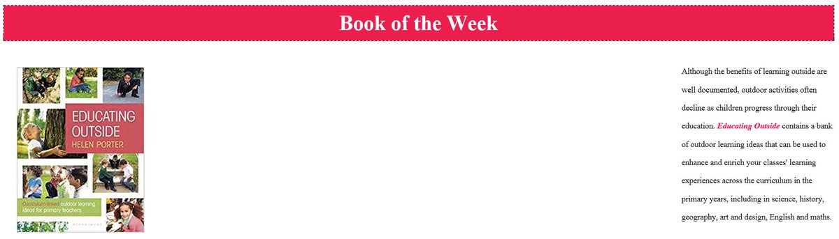 BloomsburyEd's tweet photo. #EducatingOutside by @Helenoutside is @TeacherToolkit's Book of the Week! Spanning all primary year groups and all subject areas, this is the perfect resource to get your class outdoors come rain or shine 🌳🍂🌿

#OutdoorClassroomDay https://t.co/0R5wKC1s5M