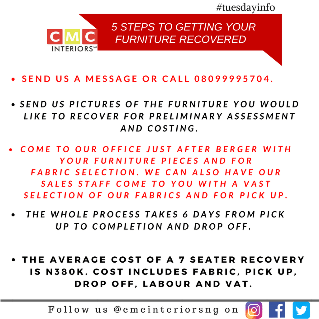cmcinteriorsng's tweet photo. Are you still comfortable with the unappealing look of your furniture pieces? Decide to take action today.
Contact us for fast transformation/recovery of them. Only takes 6 days from pick up to completion/drop off!
#furniture
#furniturerecovery #recoverythursday
#LoveThursday https://t.co/DDFlTKuQwG