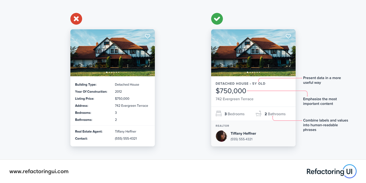 🔥 Don't be afraid to 'think outside the database' — your UI doesn't need to map one-to-one with your data's fields and values. Here are a few ideas you can use to present 'field: value' data in a more interesting way: