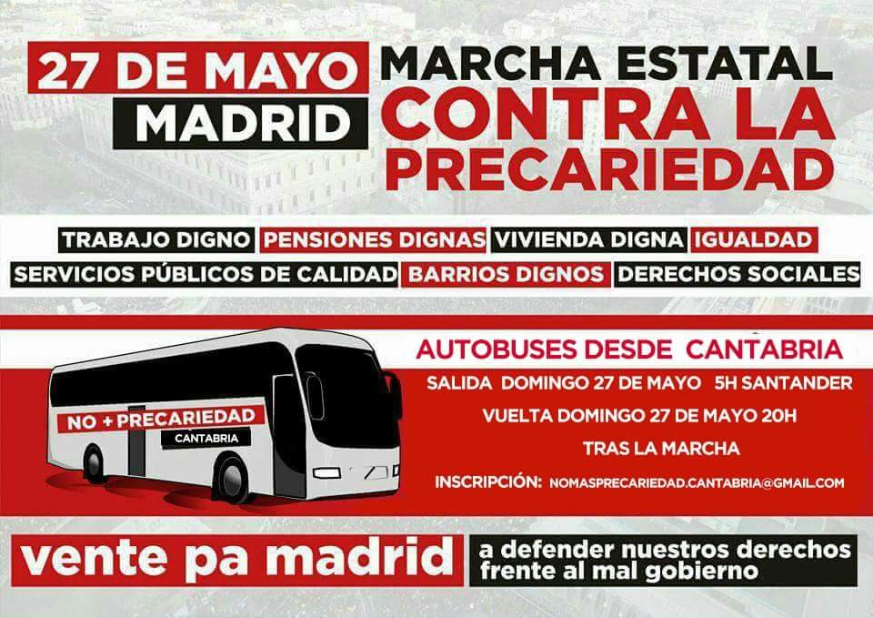 Vamos_Cantabria's tweet photo. El fin de semana del 26 y 27 de Mayo tenemos 2 citas importantes. El 26 @pensionazo_no convoca en Torrelavega una manifestación a las 12:00 y el 27 en Madrid participa en la marcha estatal contra la precariedad convocada por @nomasprecario https://t.co/jstppJLGhK