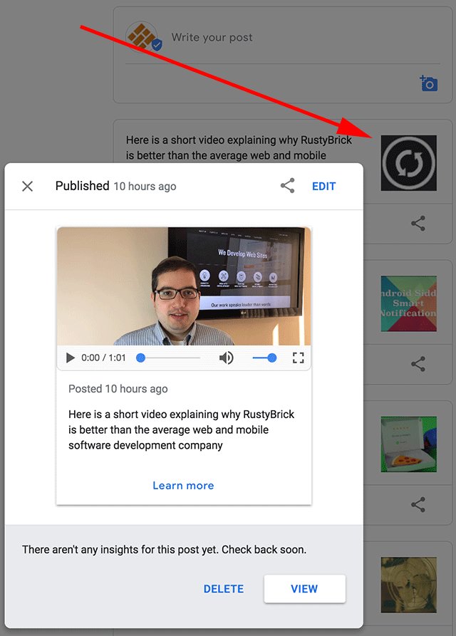 rustybrick's tweet photo. Finally, Google Posts with video upload support is live and working! https://t.co/PVLB48zbaf https://t.co/YTt6el24FI