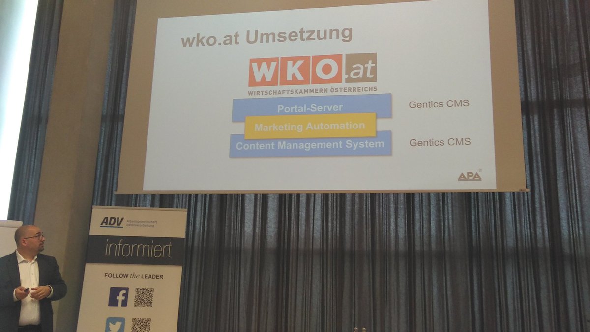 Kollege @aghamanoukjan spricht gerade über automatisierte userspezifische Empfehlung von Inhalten anhand <a href="/gentics/">Gentics</a> Marketing Automation am Fallbeispiel der wko.at  #ADVeGovernment
